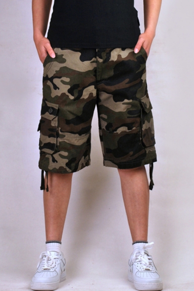 Men's Cool Fashion Camouflage Printed Flap Pocket Side Ribbon Embellished Loose Cotton Cargo Shorts