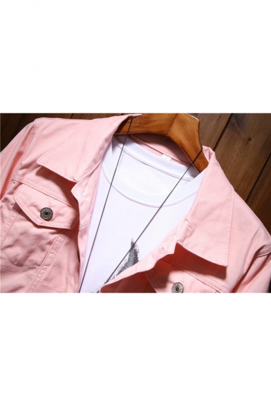Men's Cool Simple Letter H U Print Long Sleeve Flap Pocket Chest Button Down Short Denim Jacket