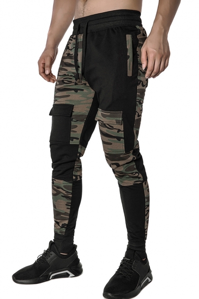 Men's Fashion Cool Camouflage Patched Flap Pocket Drawstring Waist Casual Sports Pencil Pants