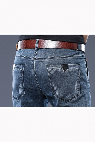 Men's Fashion Retro Solid Color Dark Blue Stretch Slim Fit Jeans