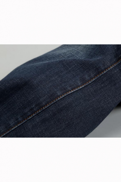 Men's Hot Fashion Dark Blue Basic Plain Regular Fit Casual Ripped Jeans