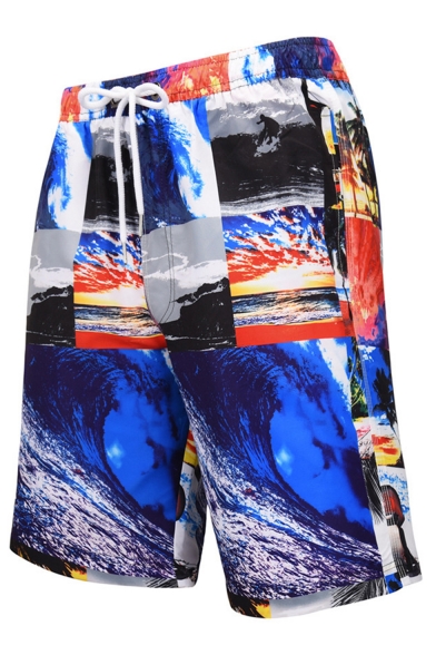 Men's New Fashion 3D Print Drawstring Waist Swim Trunks with Pockets and Mesh Liner