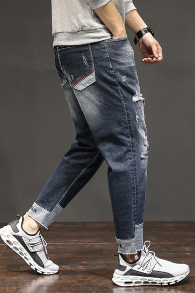 Men's New Fashion Colorblock Cuffs Patched Letter FASHION MENS Pattern Dark Blue Relaxed Fit Ripped Jeans