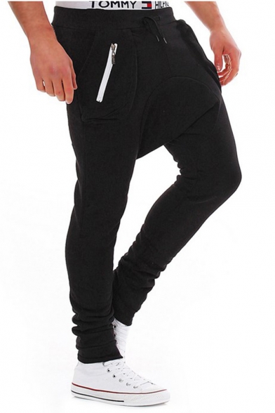 Men's New Fashion Solid Color Zip Embellished Low Crotch Casual Sweatpants Pencil Pants