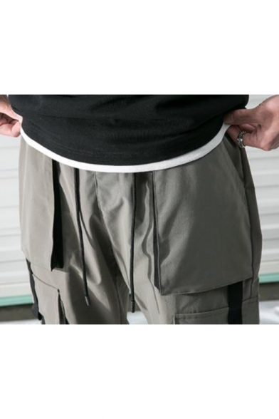 Men's New Stylish Plain Ribbon Embellished Multi-pocket Casual Trendy Cargo Pants