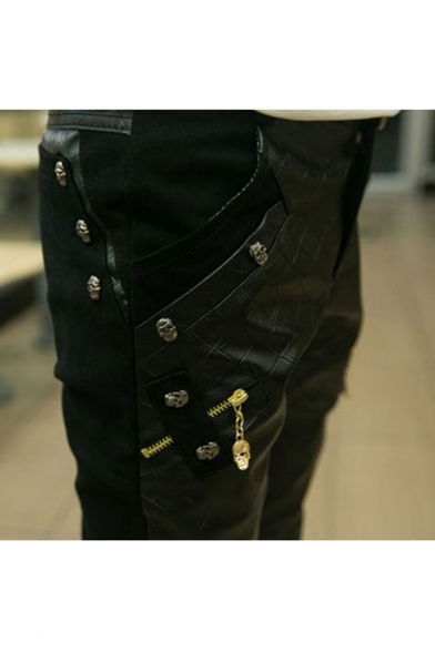 Men's New Stylish Solid Color Rivet Zipper Embellished Black PU Leather Biker Pants