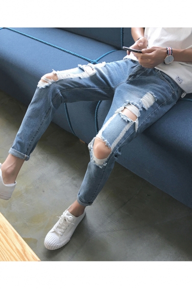 Men's Popular Fashion Simple Plain Knee Cut Rolled Cuffs Light Blue Retro Ripped Jeans