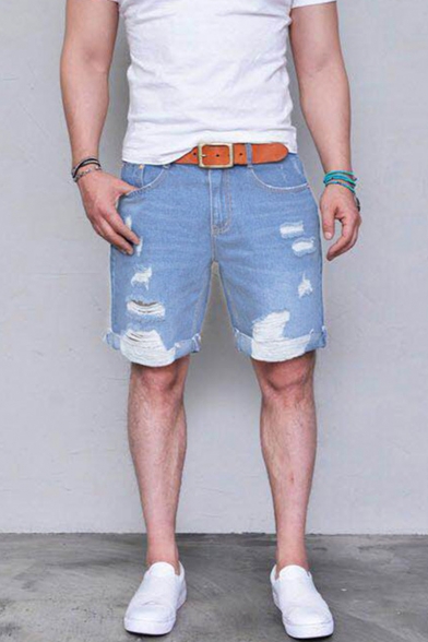 Men's Simple Fashion Ripped Detail Solid Color Light Blue Denim Shorts