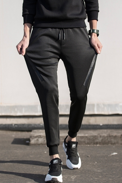 Men's Simple Fashion Solid Color Tape Patched Side Black Cotton Drawstring Waist Sweatpants