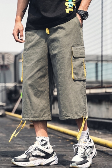 Men's Street Style Fashion Plain Flap Pocket Side Drawstring Cuffs Cropped Cargo Pants