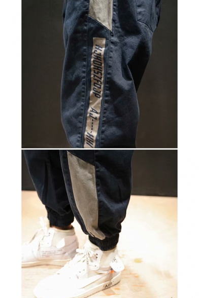 Men's Street Trendy Colorblock Patched Side Letter Printed Drawstring Waist Casual Loose Cotton Carrot Pants