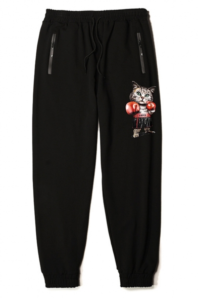 Men's Stylish Cartoon Boxing Cat Printed Zipped Pocket Drawstring Waist Black Relaxed Sweatpants