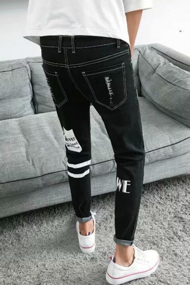 Men's Stylish Letter Stripe Printed Rolled Cuffs Black Slim Fit Casual Jeans