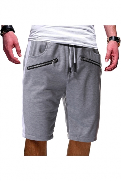 Men's Summer Trendy Contrast Stripe Side Double Zipper Embellished Drawstring Waist Cotton Casual Sports Sweat Shorts