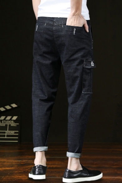 Men's Trendy Letter 09 Pattern Flap Pocket Side Rolled Cuffs Black Slim Jeans