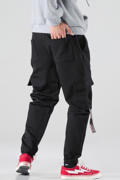 Men's Trendy Letter Printed Tape Side Ribbon Embellished Black Casual Cotton Cargo Pants