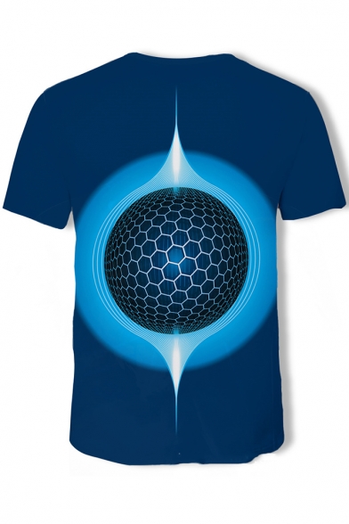 Mens Fashion 3D Circle Ball Printed Round Neck Short Sleeve Blue T-Shirt