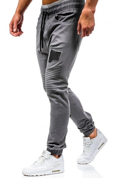 Mens New Fashion Cool Pleated Patched Drawstring Waist Elastic Cuff Fitted Pencil Pants