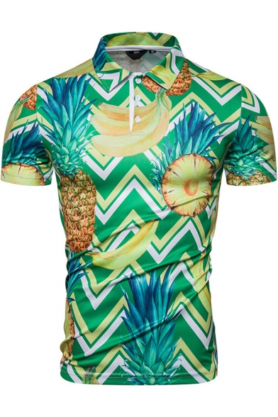 Mens New Stylish Cool Zigzag Pineapple Banana Tropical Print Slim Polo Shirt