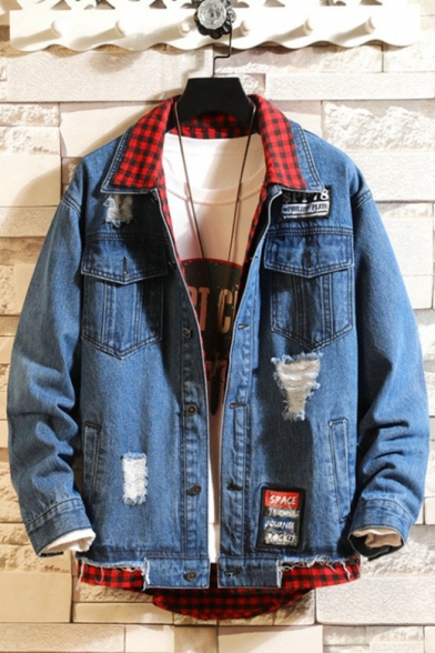 Mens New Stylish Plaid Patched Fake Two-Piece Ripped Button Front Denim Jacket