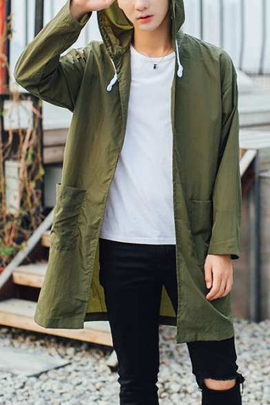 Mens New Trendy Simple Plain Long Sleeve Outdoor Sun Protection Zip Up Hooded Longline Skin Jacket Coat