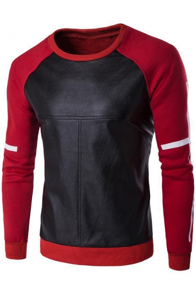 Mens PVC Patched Round Neck Cross Stripe Long Sleeve Fitted Pullover Sweatshirt