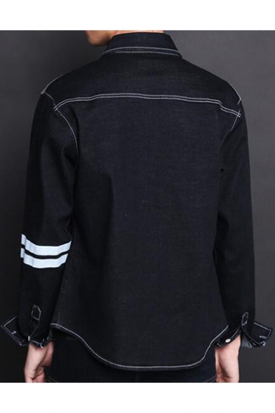 Mens Simple Stripe Long Sleeve Contrast Piping Casual Black Work Denim Jacket