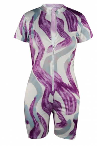New Arrival Womens Tie Dye Short Sleeve Zip-Front Stretch Skinny Fitted Rompers