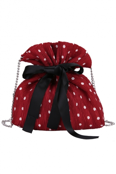 New Fashion Polka Dot Printed Bow Drawstring Summer Bucket Bag with Chain Strap 22*16*6 CM