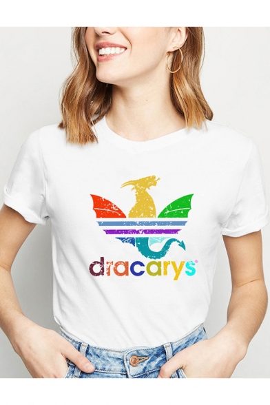 New Popular Dragon Dracarys Printed Round Neck Short Sleeve White T-Shirt