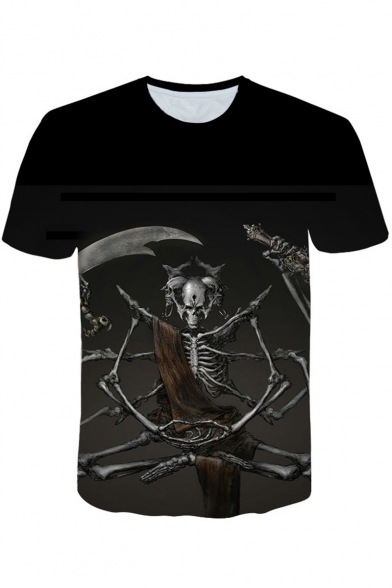 New Stylish Skull Pattern Round Neck Short Sleeve Black T-Shirt