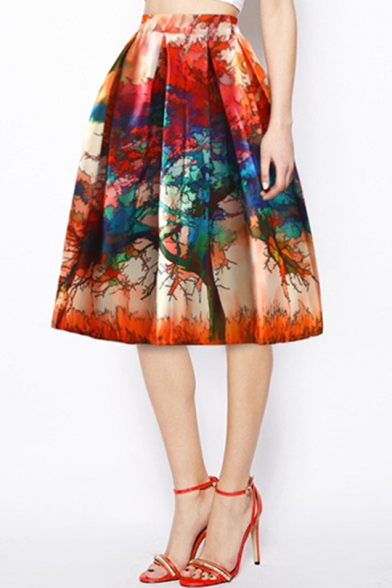 New Stylish Womens High Waist Tie Dye Tree Print Pleated A-Line Midi Puffy Skirt