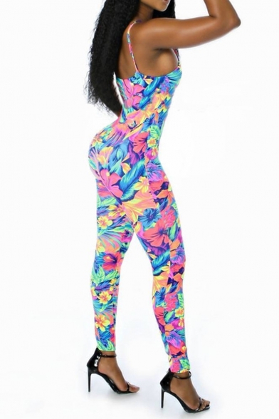 New Trendy Womens Straps Sleeveless Floral Printed Cutout Skinny Jumpsuits