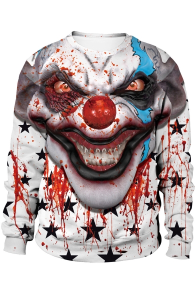 Popular Cool Blood Star Clown Printed Round Neck Long Sleeve White Casual Sweatshirt