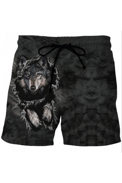 Popular Fashion 3D Wolf Printed Drawstring Waist Black Summer Beach Swim Trunks
