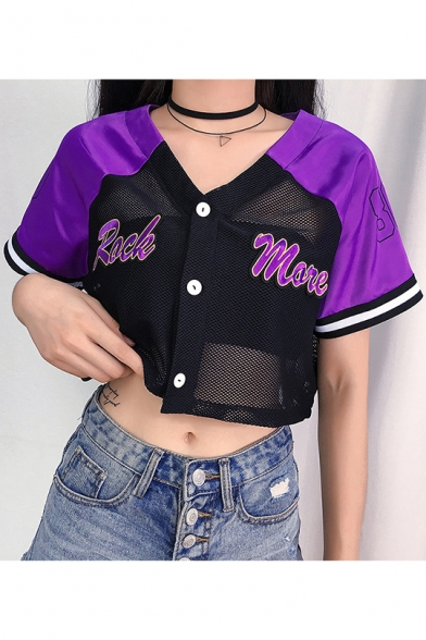 ROCK MORE Sexy Mesh Panel V-Neck Short Sleeve Button Front Cropped Baseball T-Shirt