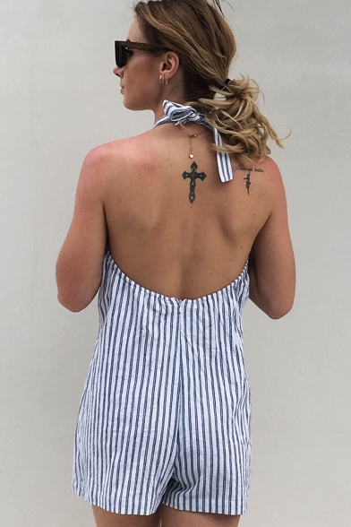 Sexy Halter Sleeveless Striped Printed V-Neck Button Front Backless Rompers