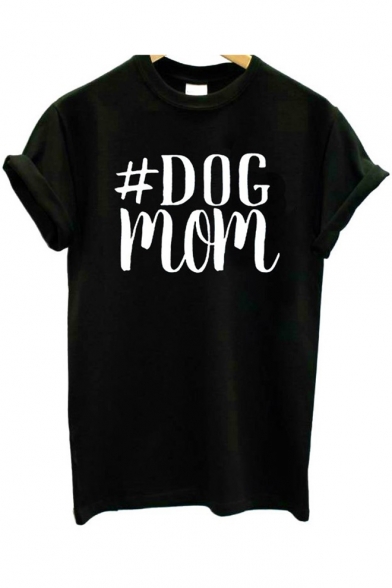 Simple Popular Letter DOG MOM Print Round Neck Short Sleeve Black Tee