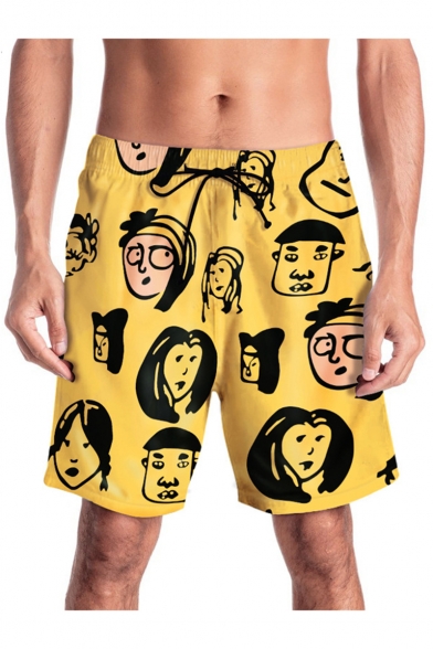 Stylish Cartoon Printed Fast Drying Casual Drawstring Waist Yellow Beach Shorts Swim Trunks for Men