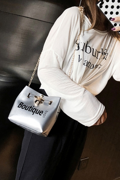 Stylish Letter BOUTIQUE BAGS Printed Metal Buckle Chain Bucket Bag 17*10*17 CM