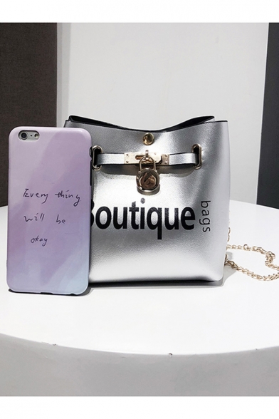 Stylish Letter BOUTIQUE BAGS Printed Metal Buckle Chain Bucket Bag 17*10*17 CM