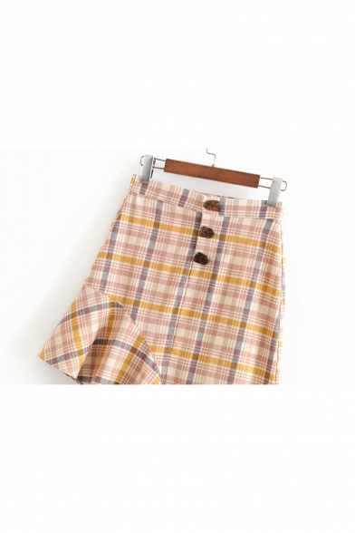 Summer Fancy Plaid Printed Chic Button-Fly Asymmetrical Skirt for Girls