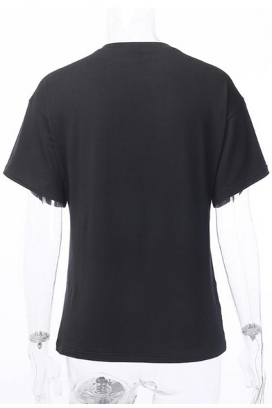 Summer Girls Cool Punk Style Skull Figure Print Short Sleeve Black T-Shirt