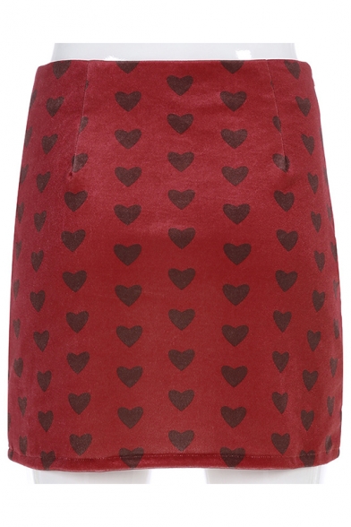 Summer Girls Cool Red Allover Heart Printed High Rise Split Side Mini Bodycon A-Line Velvet Skirt