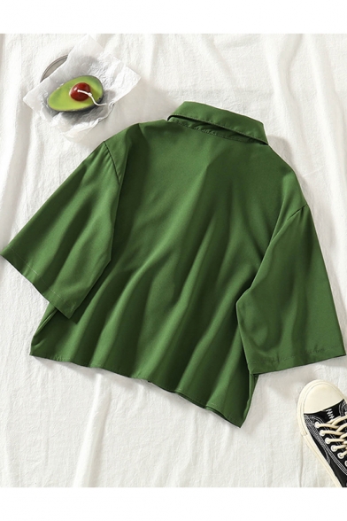 Summer Girls Popular Green Chic Flower Embellished Button Cotton Loose Crop Shirt