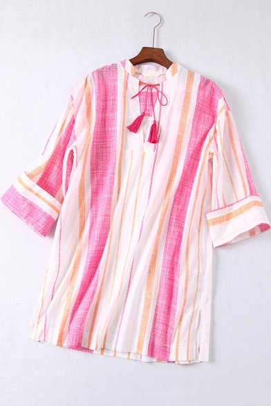 Summer Girls Trendy Pink Stripe Print Tassel Tied V-Neck Casual Loose Blouse