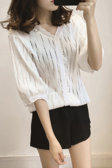 Summer Girls White V-Neck Fashion Hollow Out Lace Blouse Shirt
