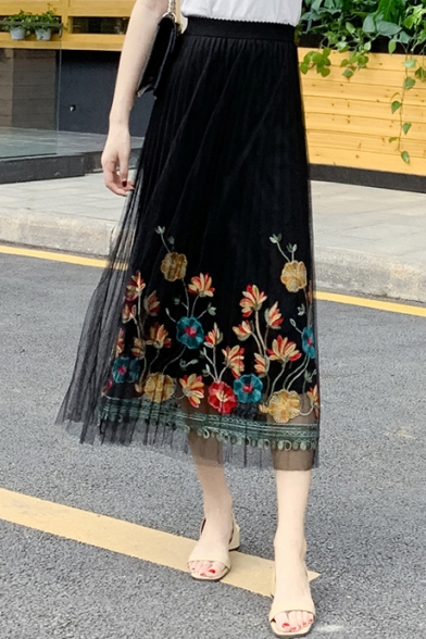 Summer Hot Fashion High Waist Plain Chiffon Floral Embroidered Midi Pleated Dress
