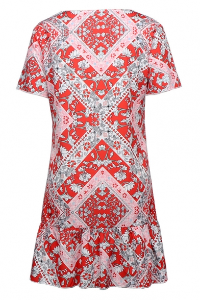 Summer Hot Popular Red Floral Pattern V-Neck Flutter Sleeve Button Down Mini A-Line Dress