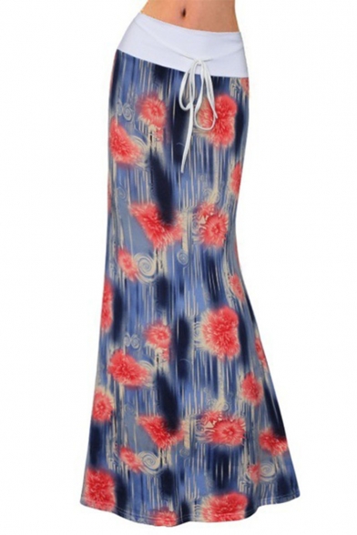 Summer Hot Popular Tie Dye Drawstring Waist Floral Print Maxi Skirt